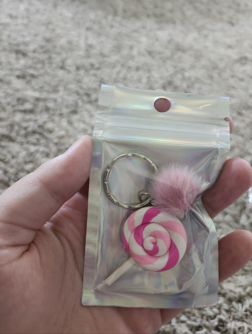 Pink Swirl Lollipop Keychain with Pink Pom Pom - Women Accessories